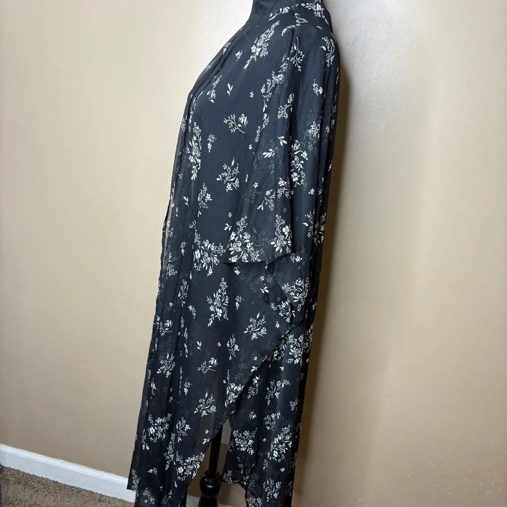 LC Lauren Conrad Womens Black Floral Sheer Duster Kimono Open Front One Size